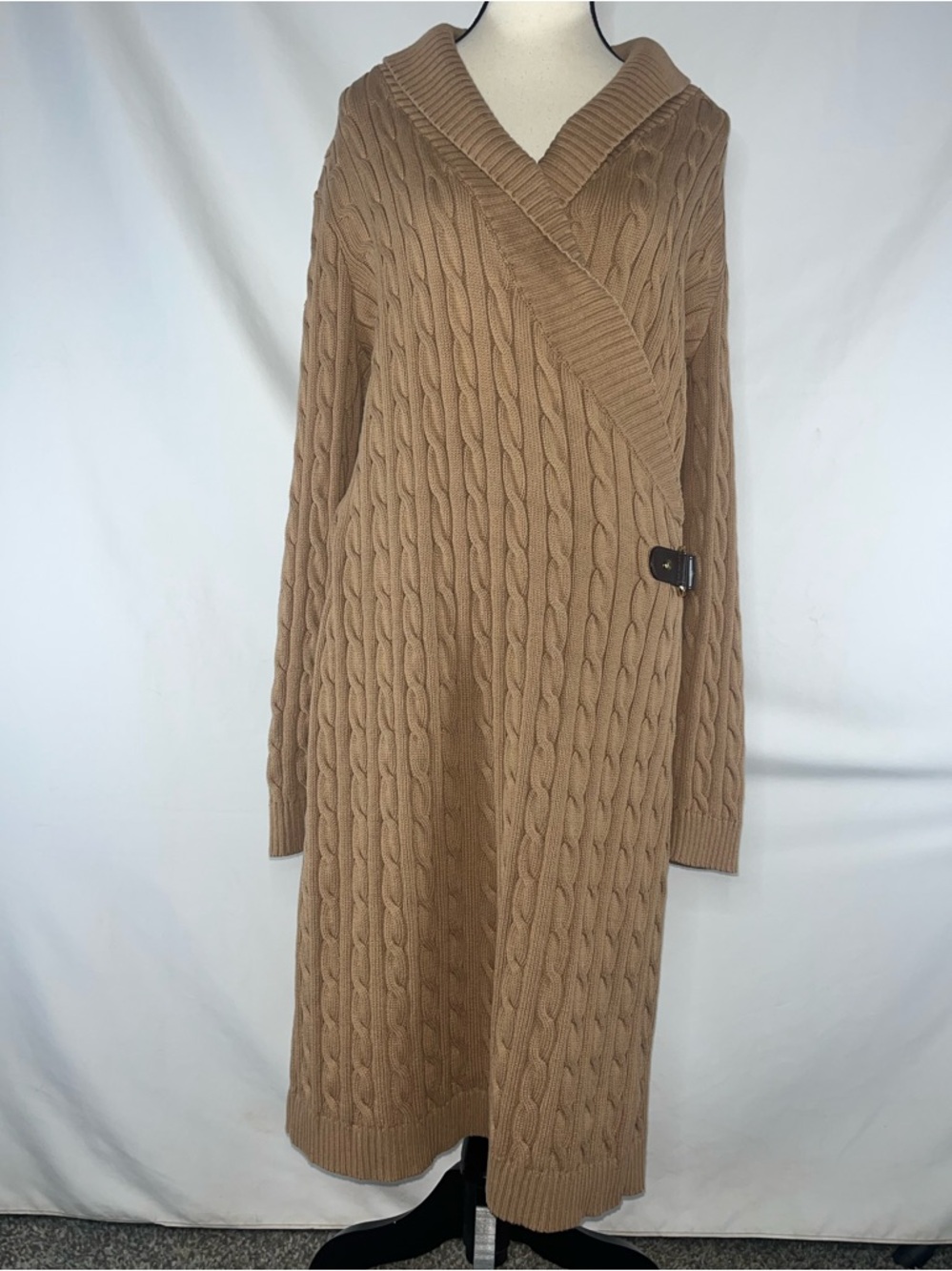 Lauren Ralph Lauren Camel Cable Knit Wrap Sweater Dress w/Buckle Large